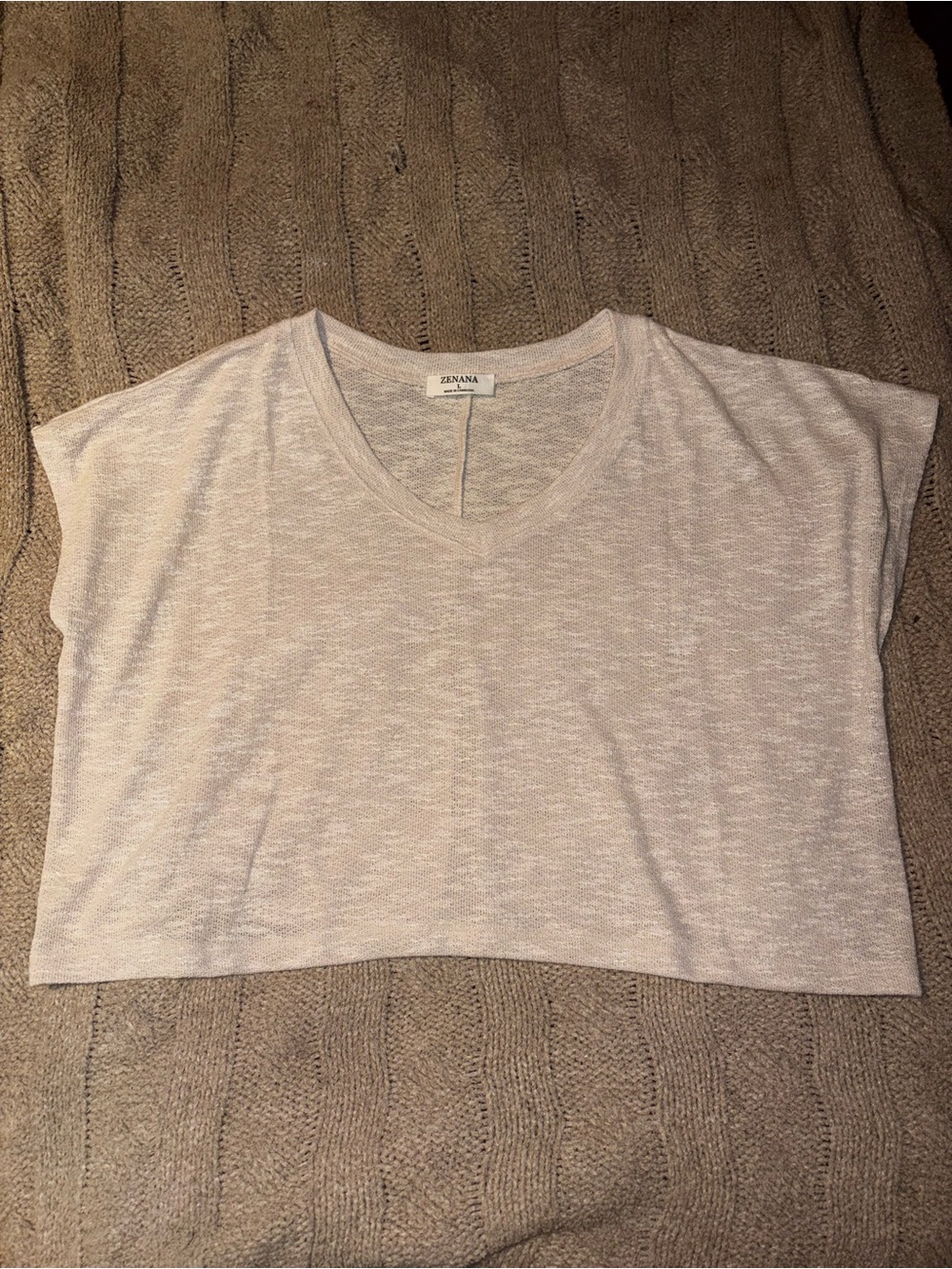 Zenana Beige Knit Cropped Short Capped Sleeve Top Size Large